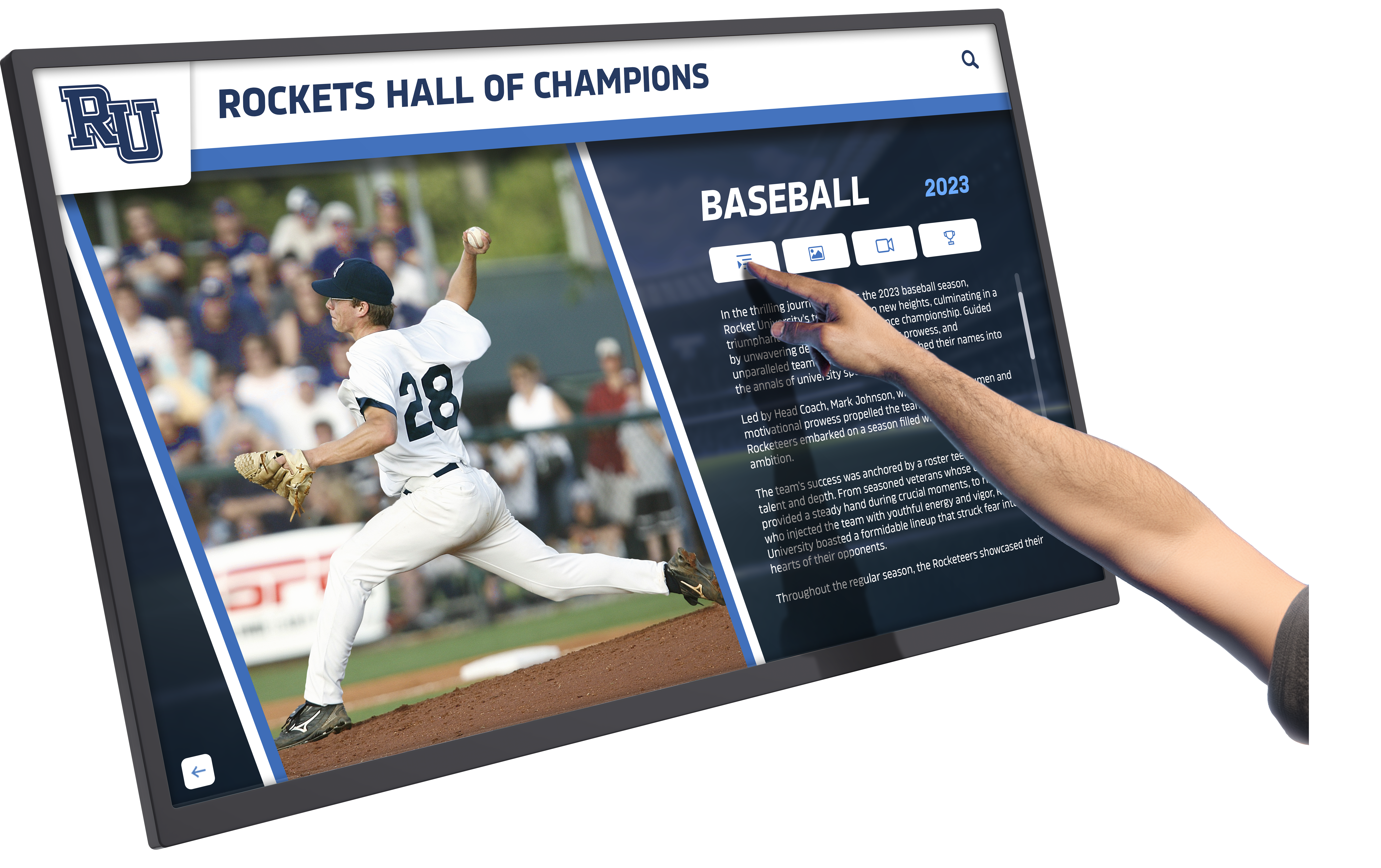 Hand interacting with touchscreen athlete profile Interactive hall of fame display