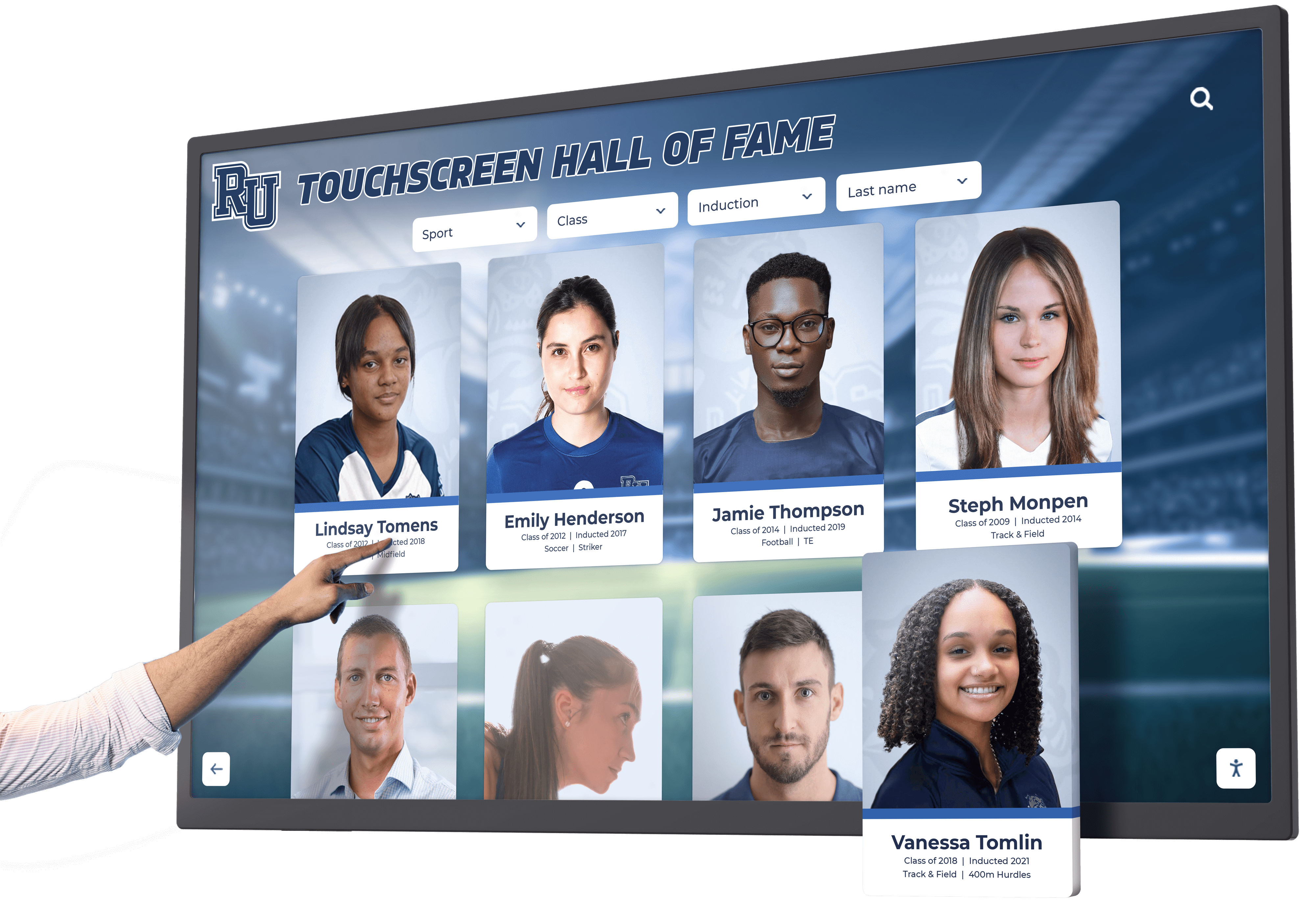 Hand touching a touchscreen display showing hall of fame athlete portraits at a stadium