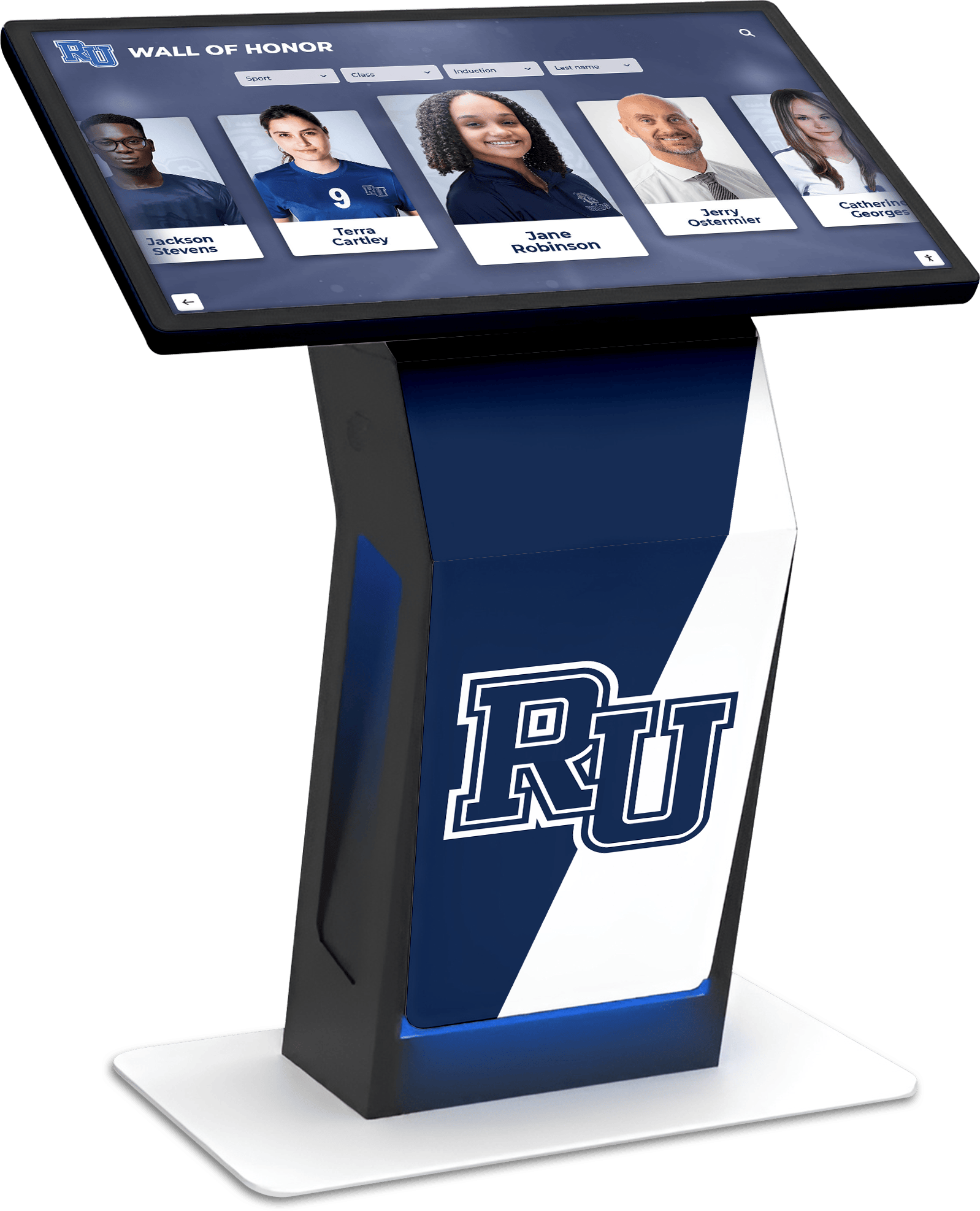 Interactive touchscreen honor wall kiosk displaying athlete recognition profiles Interactive touchscreen hall of fame