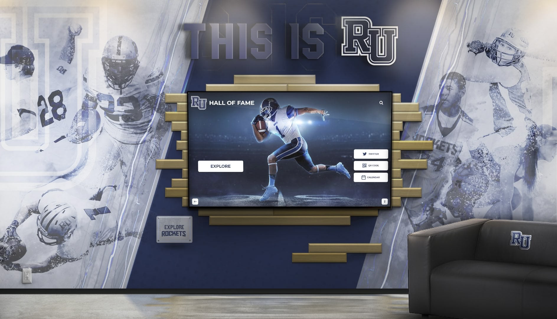 Interactive athletic hall of fame display in facility lobby Interactive team display