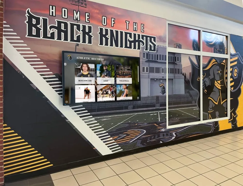 Digital recognition wall in school lobby